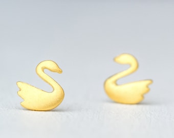 Tiny Solid Gold Swan Stud Earrings: 14k 9k 18k Animal Jewelry  192E-GD