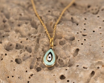 Dainty 14k Gold Evil Eye Necklace: Teardrop Charm Pendant /