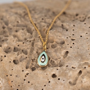 Tiny Evil Eye Necklace / Solid Gold Teardrop Oval Pendant / Yellow, Rose, White 14k Gold / Gift for Her / Dainty Charm