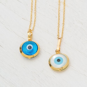 Solid Gold 14k Evil Eye Necklace / White, Blue Tiny Evil Eye Pendant / Good Luck Charm / Minimal Gift for her, him