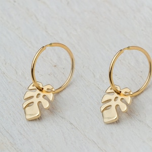 Solid Gold Hoop Earring with monstera leaf / Single or Pair / Unisex Gift