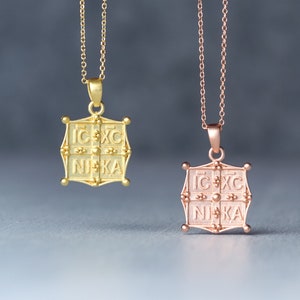 Modern Solid Gold Constantine Necklace /  Religious Cross Pendant &quot;Jesus Christ conquers&quot;