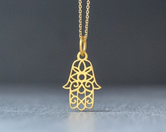 Tiny Hamsa Necklace in Solid Gold | Evil Eye Pendant | Fatima Hand Protection Charm | 9k, 14k or 18k