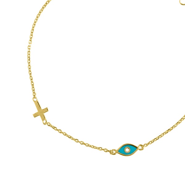 Small Solid Gold Evil Eye Bracelet with Tiny Cross / 14k Solid Gold Religious Protective Charm / Unisex Gift
