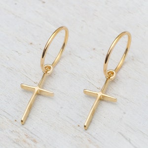 Hoop Earring with cross in 14k  / Solid Gold Single or Pair / Unisex Dangle Earrings