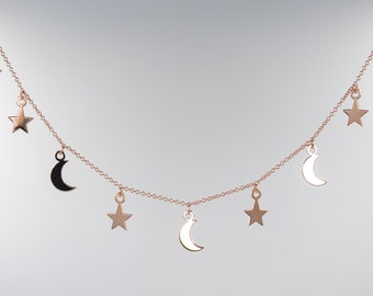 Star and Moon Necklace / 9k, 14k, 18k Solid Gold Necklace / Yellow, Rose or White / Fine Jewelry / Wedding Jewelry