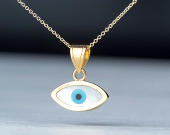 Evil Eye Necklace / Solid Gold White Enamel Pendant / Protection Charm 14k