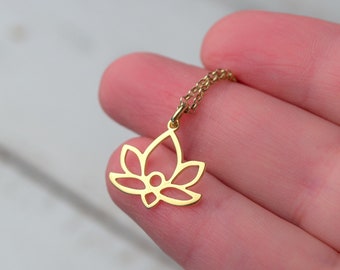 Lotus Necklace 14k solid Gold, Flower Pendant, Tropical Plant Charm, Mothers day Gift