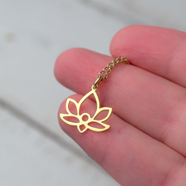 Lotus Halskette 585 Gold, Blume Anhänger, Tropische Pflanze Charm, Muttertagsgeschenk