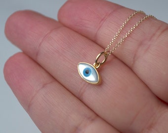 Tiny Evil Eye Necklace / Solid Gold white Pendant / Protection Charm 14k