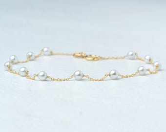 Massief gouden parelarmband: sierlijke zoetwaterparels van 3 mm, minimalistische sieraden B09