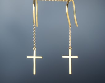 Dainty Earring with cross   / Solid Gold Single or Pair / Unisex Dangle Earrings