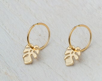 Solid Gold Hoop Earring with monstera leaf / Single or Pair / Unisex Gift