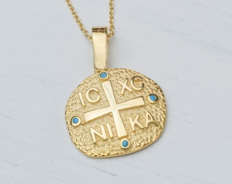 Solid Gold Constantine Coin Pendant / Modern Byzantine Cross Necklace with Turqoise / Religious Protective Charm