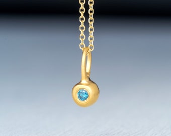 Solid Gold Blue Diamond Necklace / Pebble Pendant / Fine Jewelry /  Anniversary gift