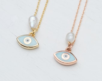 Gold Evil Eye Necklace with Tiny Pearl / 14k Gold Pearl Protective Pendant / Elegant Gift for Her,