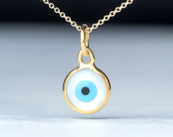 Round Evil Eye Necklace / Solid Gold white Pendant / Protection Charm 14k