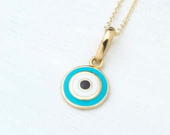 Round Evil Eye Necklace / 14k Solid Gold Pendant / Good Luck Charm