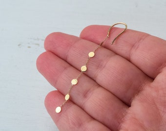 Solid Gold Dots Dangle Earrings / Tiny Coin Minimal Earrings / 9k, 14k or 18k / Fine Jewelry