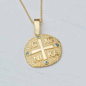 Solid Gold 14k Constantine Coin Pendant / Modern Byzantine Cross Necklace with Turqoise / Religious Protective Charm