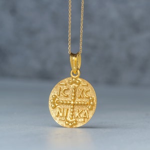 Constantine coin pendant / 9k or 14k Solid Gold Byzantine Cross Necklace / Greek Protection Charm