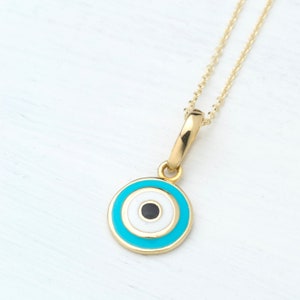 Round Evil Eye Necklace / 14k Solid Gold Pendant / Good Luck Charm