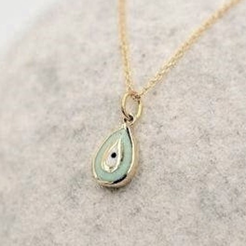 Tiny Evil Eye Necklace / Solid Gold Teardrop Oval Pendant / Yellow, Rose, White 14k Gold / Gift for Her / shops Dainty Charm