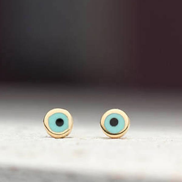 Tiny Evil Eye Earrings Studs / Handmade 14k Solid Gold Earrings / Round enamel Dainty evil eye