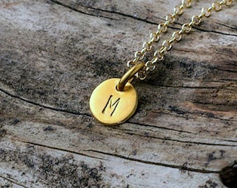 Personalized Solid Gold Disc Necklace / Custom Initial Pendant / Hand Stamped Letter Charm / Anniversary gift