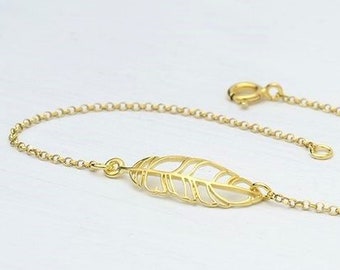 Feather Bracelet in solid Gold / Dainty Leaf Bracelet / Yellow, Rose, White Gold / Gift for Her, Him / Layering