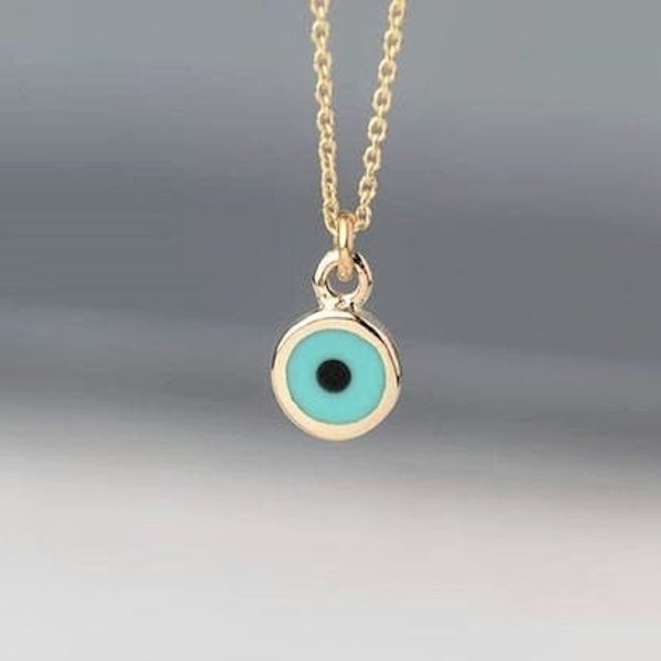 Solid Gold Tiny Evil Eye Necklace |  14k Pendant in Rose, White or Yellow Gold | Light blue Enamel charm