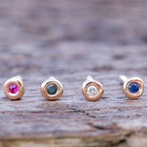 SINGLE Tiny Gold Gemstone Earring / ONE Solid Gold Stud with a Precious Stone / Minimal Everyday Earring