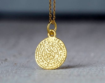 Phaistos Disc Necklace in solid Gold, Ancient Greek Coin, 9k, 14k or 18k, Layering Necklace