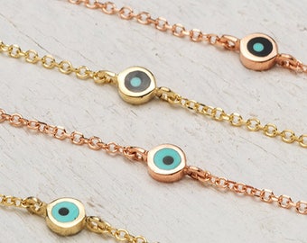 Extra Tiny Evil Eye Bracelet Solid Gold / 14k Rose Yellow gold / Gift for Her