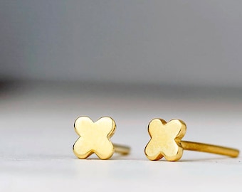 Tiny Cross Earrings in 14k solid Gold / X Shape, Plus Sign Geometric Studs / Yellow or Rose / Minimal Unisex Gift