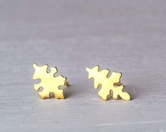 Solid Gold Leaf Earrings /  Mismatched Botanical Studs / Plant Lover, Fall, Autumn / Gift for mom,