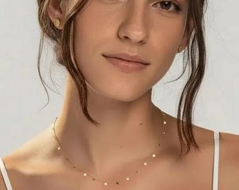 Solid Gold Tiny Disc Necklace: Dainty Layering, Adjustable Length, 9k 14k 18k  N01