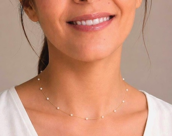 Collar con perlas de oro macizo, delicadas perlas de agua dulce, joyería para combinar con otras joyas / Perlas de 3 mm / N11