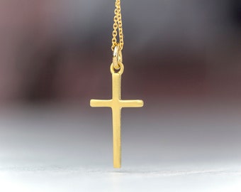 Minimal Solid Gold Cross Necklace, 14k 18k 9k gold, Handmade Unisex Religious Pendant