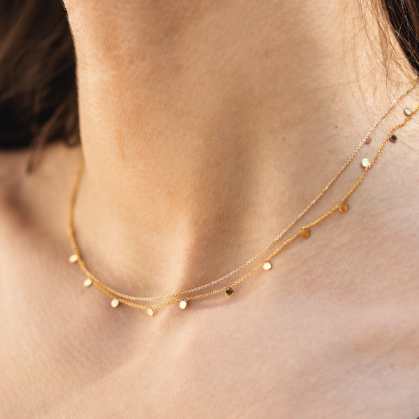 Solid Gold Tiny Disc Necklace | 9k, 14k or 18k Gold | Yellow, Rose or White Gold | Adjustable Dainty Layering