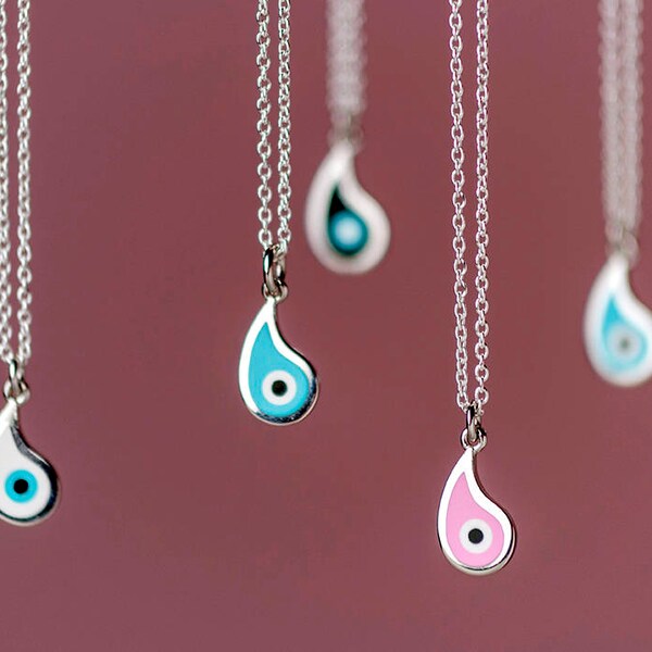 Sterling Silver Evil Eye Necklace Teardrop Evil Eye cloisonne enamel pendant Gift for Her Anniversary gift Bridal Blue Black Pink White sale