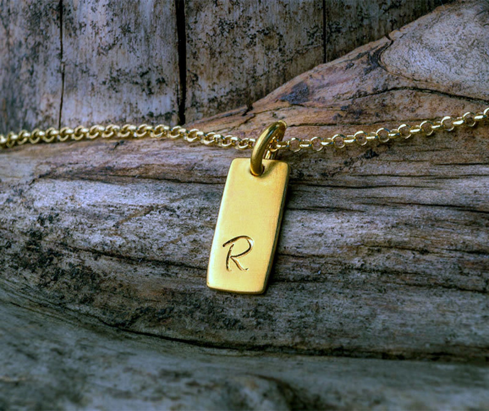 Solid Gold Tag Necklace / Smooth Initial Charm / Custom Letter Etsy