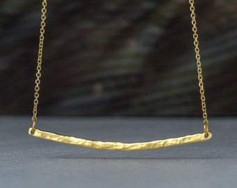 Solid Gold Hammered Bar Necklace /  9k 14k or 18k / Curved bar