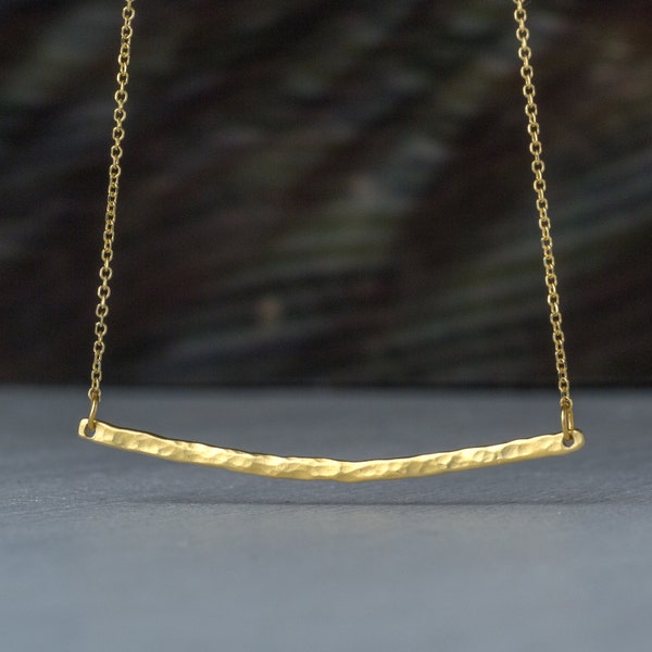 Solid Gold Hammered Bar Necklace /  9k 14k or 18k / Curved bar