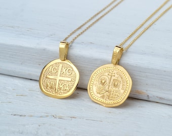 Solid Gold 9k Constantine Coin Pendant / Modern Byzantine Cross ICXC NIKA Necklace/ Religious Charm