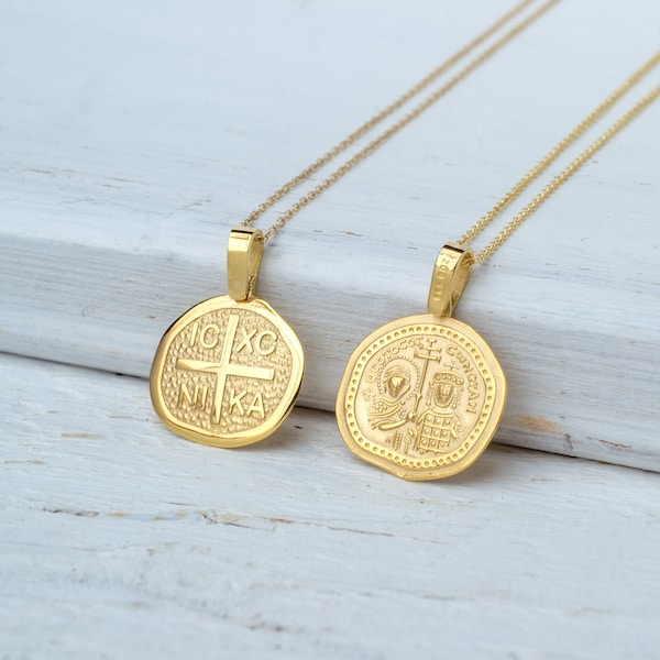 Solid Gold 9k Constantine Coin Pendant / Modern Byzantine Cross ICXC NIKA Necklace/ Religious Charm