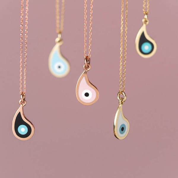 Evil Eye Necklace Solid Gold / 14k Enamel Teardrop Pendant / Dainty protection charm