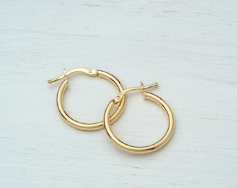 Hoop Earrings in 14k Solid Gold / Latch Back Medium Size Hoops (No2) / Unisex Classic Timeless Gift / Birthdsay Gift