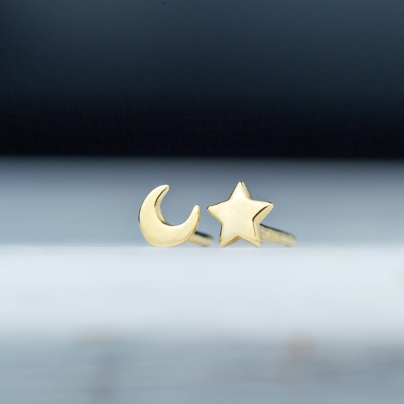 Extra Tiny Solid Gold Moon and Star Earrings / 14k Celestial Studs / Unisex Fine Jewelry image 1