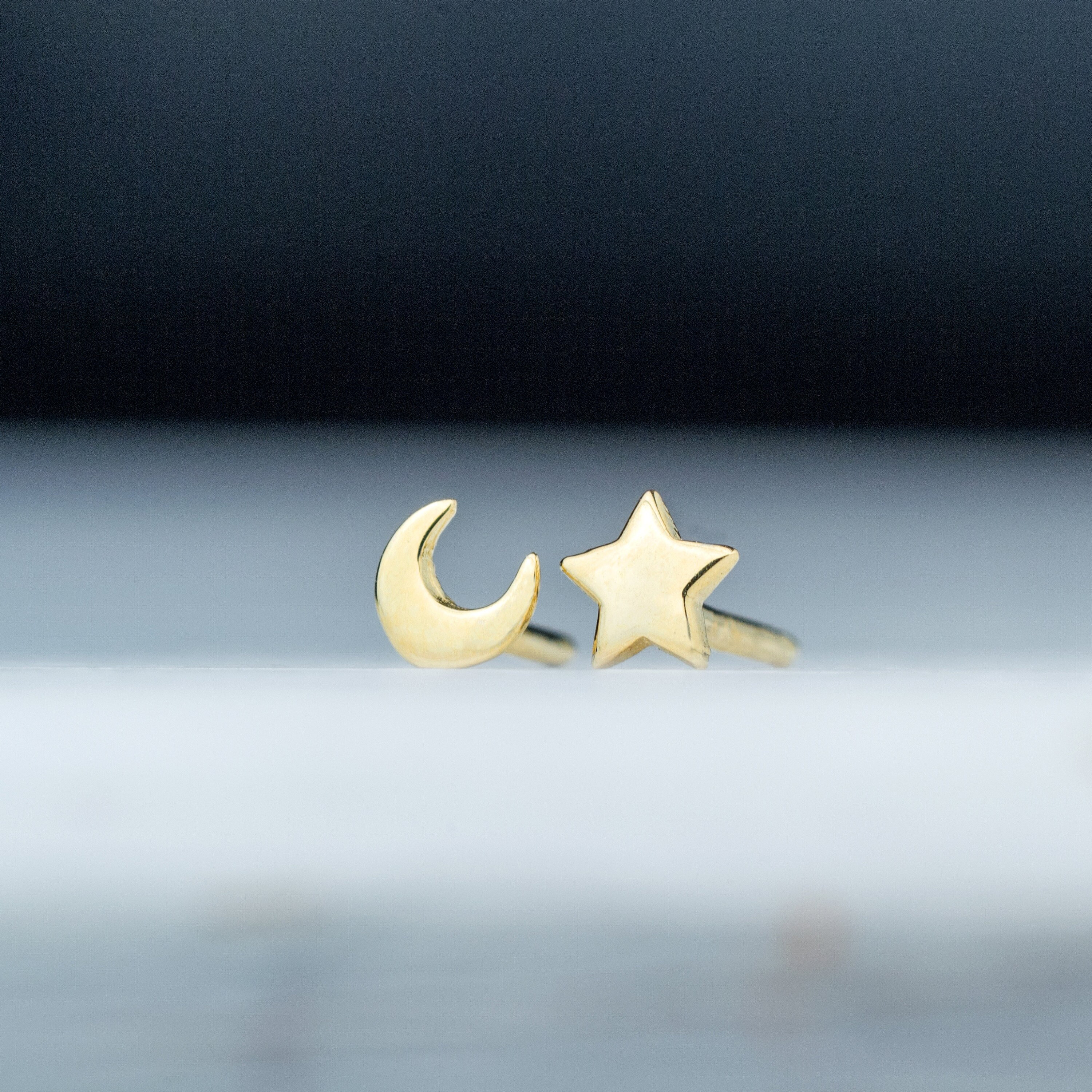 Extra Tiny Solid Gold Moon and Star Earrings / 14k Celestial Studs / Unisex Fine Jewelry